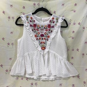White Top with Embroidered Flowers from Zara